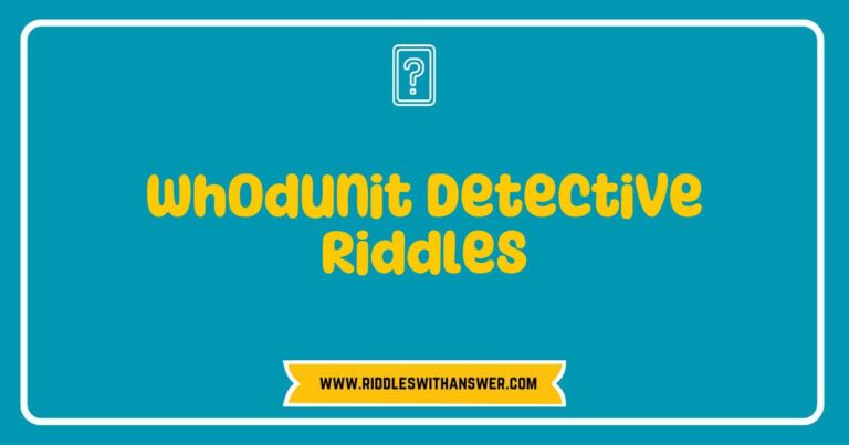 Engaging image of a detective solving 'Whodunit Detective Riddles', featuring a magnifying glass, a notepad filled with clues, and a shadowy figure in the background. This captivating scene invites viewers to explore brain-teasing riddles and intriguing mystery puzzles that challenge their deduction skills
