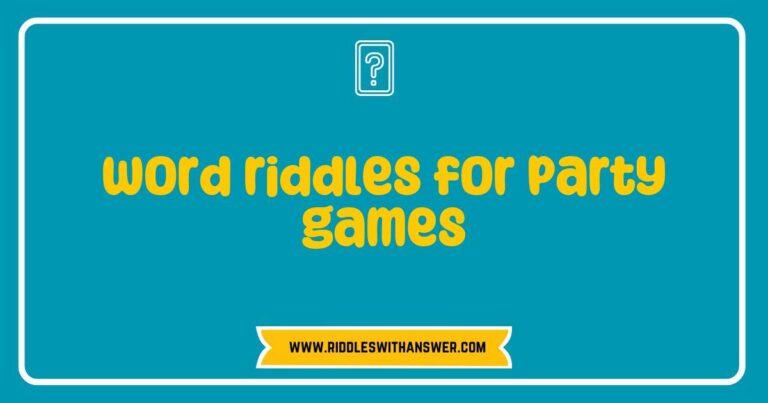 Fun and challenging word riddles for party games displayed on colorful cards, featuring popular examples like 'What has keys but can't open locks?' and 'I speak without a mouth and hear without ears. What am I?' Perfect for engaging guests and sparking laughter during gatherings, these word riddles enhance