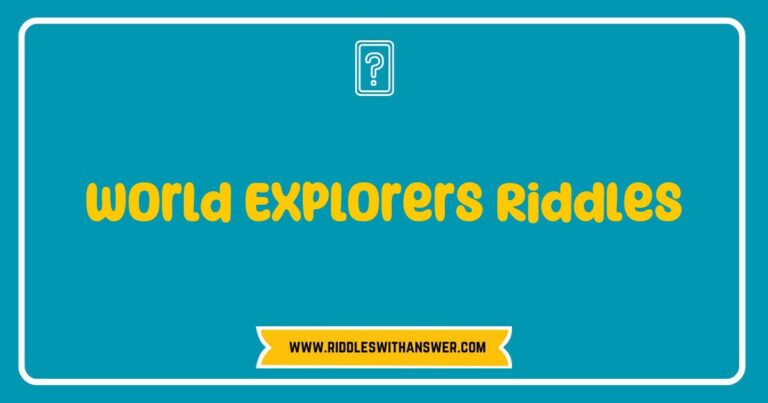 Colorful illustration of explorers solving 'World Explorers Riddles' featuring various geographical landmarks and iconic symbols like the Eiffel Tower and pyramids. The image depicts children engaged in fun riddles about world cultures and geography, promoting educational activities and curiosity about global exploration.
