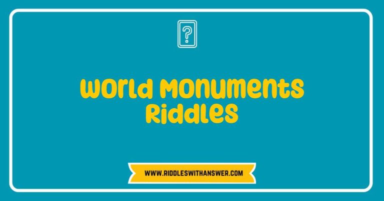 An intriguing illustration of World Monuments Riddles, featuring iconic landmarks like the Eiffel Tower, Great Wall of China, and the Pyramids of Giza, surrounded by whimsical question marks. The image invites viewers to solve riddles about famous global monuments, highlighting their historical significance and architectural beauty
