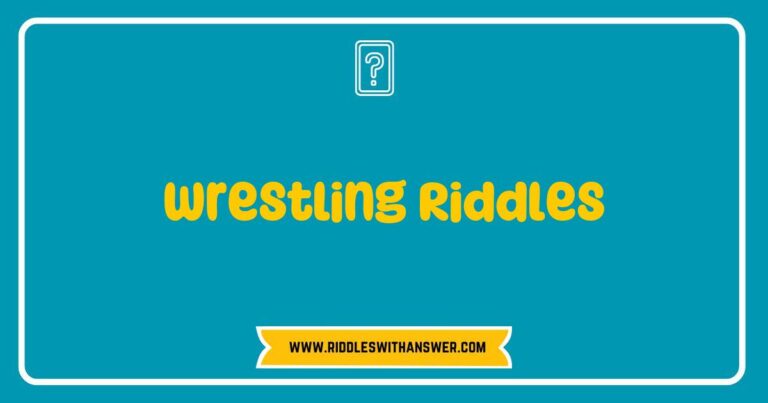 Colorful illustration of a wrestling match featuring two wrestlers in action, surrounded by thought bubbles containing engaging wrestling riddles such as 'What do you call a wrestler who always knows the score?' and 'Why did the wrestler bring a ladder to the match?'. This image captures the fun and challenge