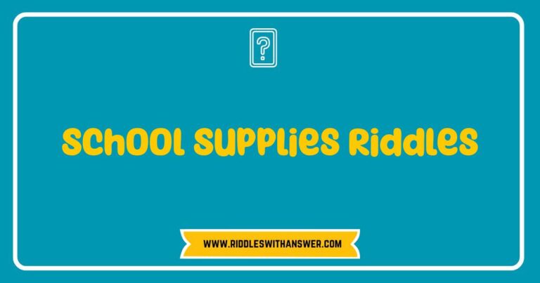 School supplies riddles image showing various stationery items like pencils, erasers, and notebooks hinting at word puzzles.